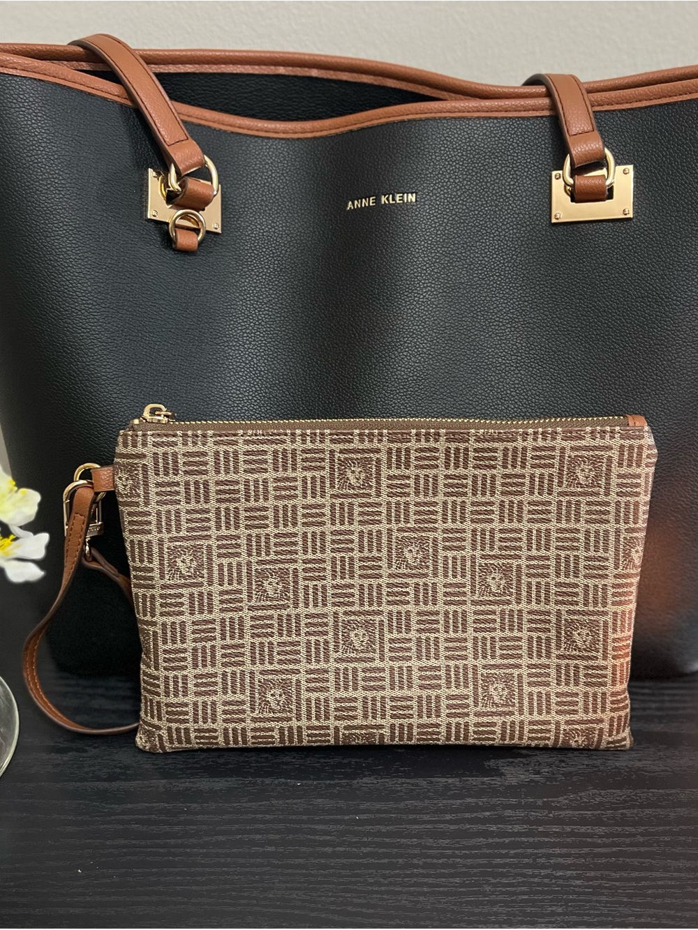 Anne Klein Black Tote with Brown Trim and Gold Hardware - Picture 2 of 6